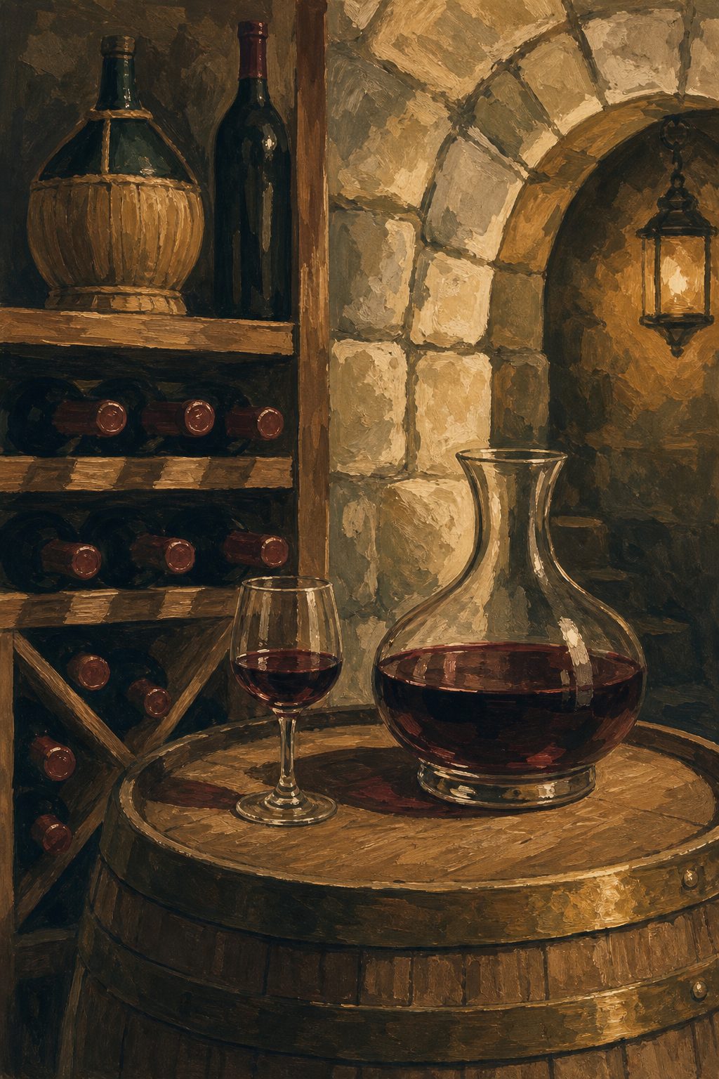 La cave : casier à bouteilles, pot lyonnais et verre sur un tonneau — illustration