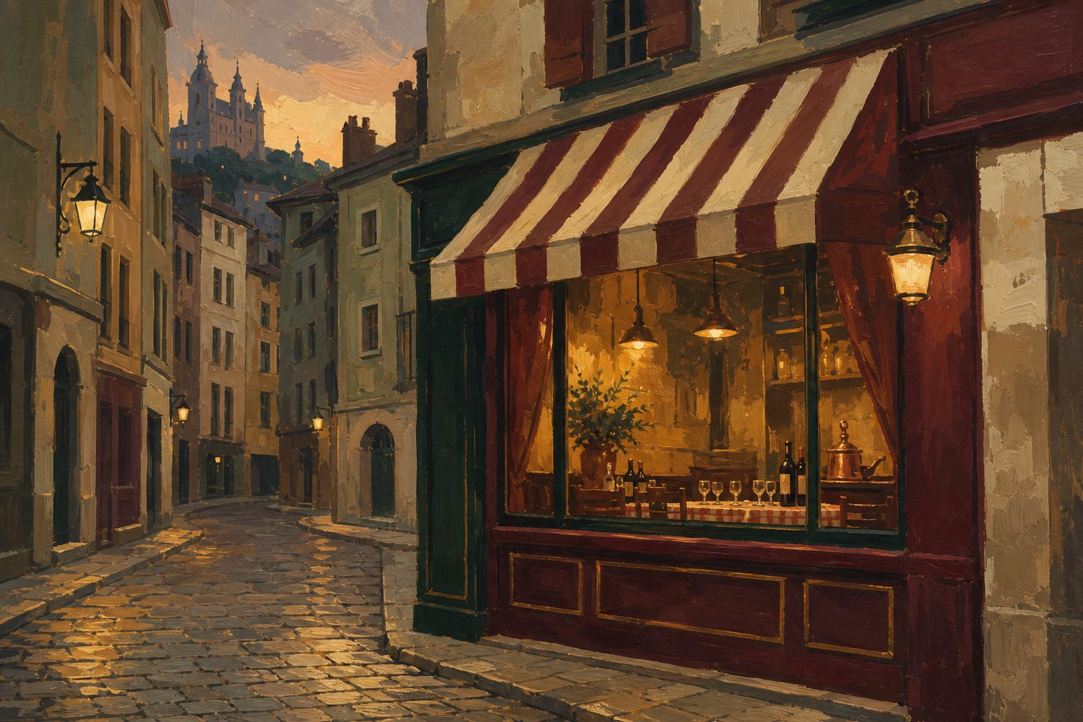 Une petite rue de la Presqu’île à la tombée du soir, lumière chaude d’un bouchon — illustration