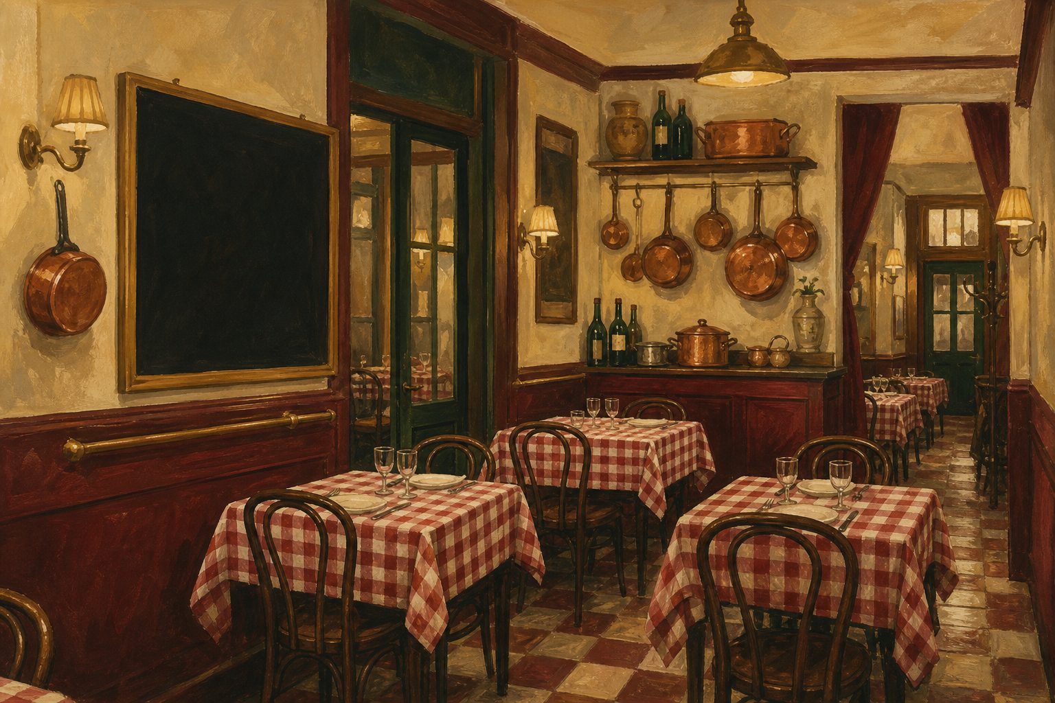 La salle du bouchon : nappes vichy rouges et blanches, chaises en bois, ardoise au mur — illustration